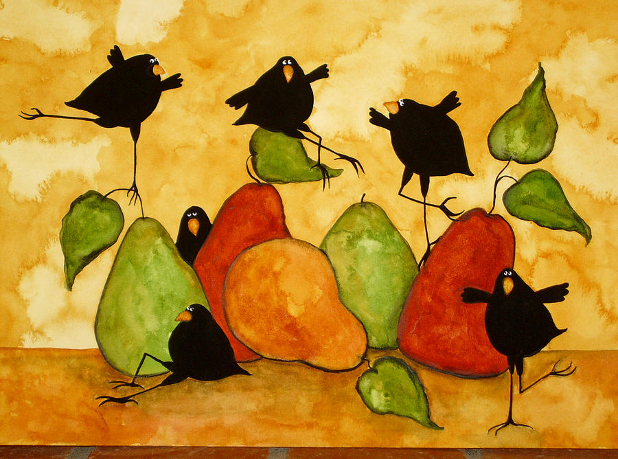 Blackbird Painting - Crow Bird Blackbird Raven Wildlife Animal Pear Italian Whimsical Folk Debi Hubbs Children Art by Debi Hubbs