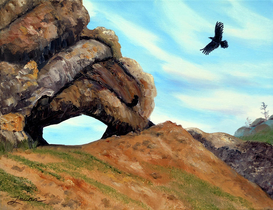 Crow Flying by Window Rock Painting by Laura Iverson