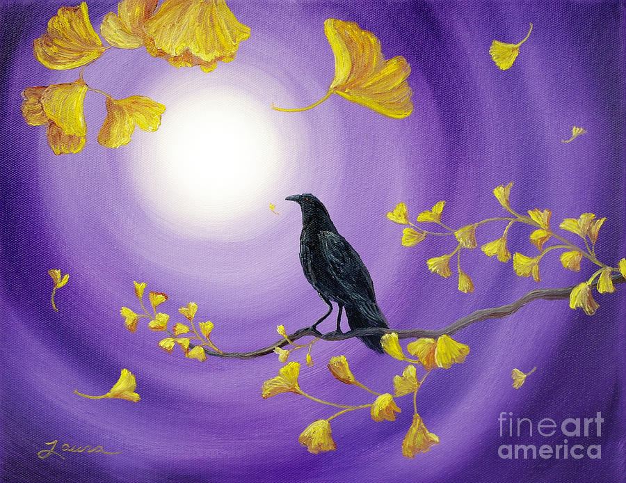 Crow in Ginkgo Leaves Painting by Laura Iverson
