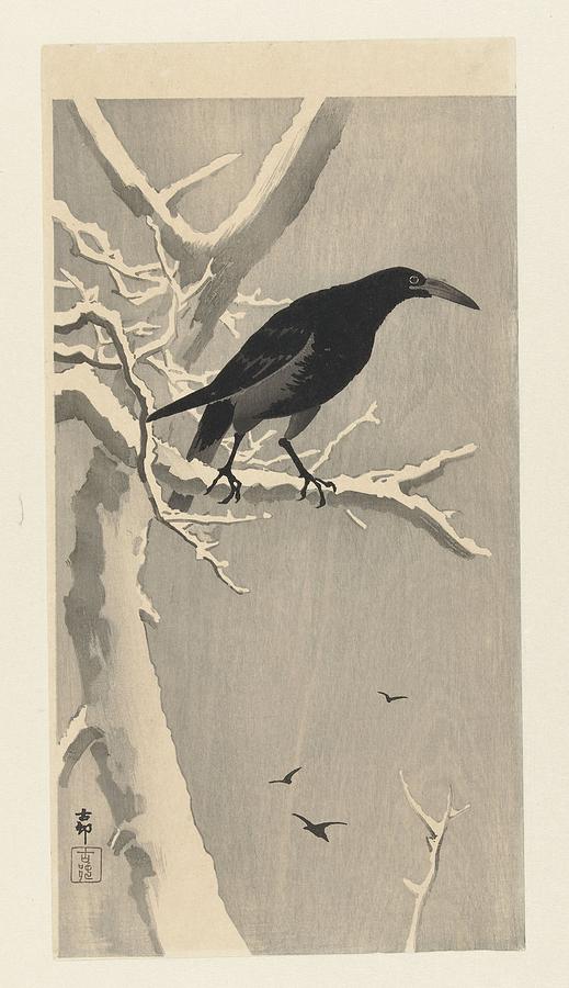 Crow on snowy tree branch Painting by Ohara Koson