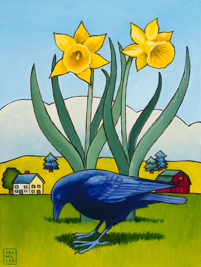Crow with Daffodils Painting by Stacey Neumiller