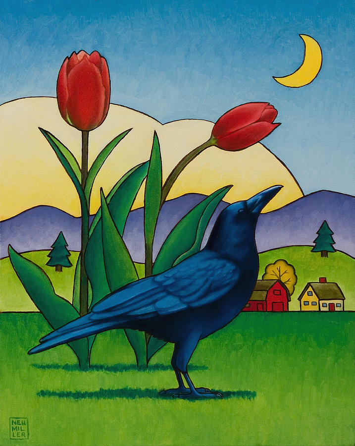 Crow with Red Tulips Painting by Stacey Neumiller