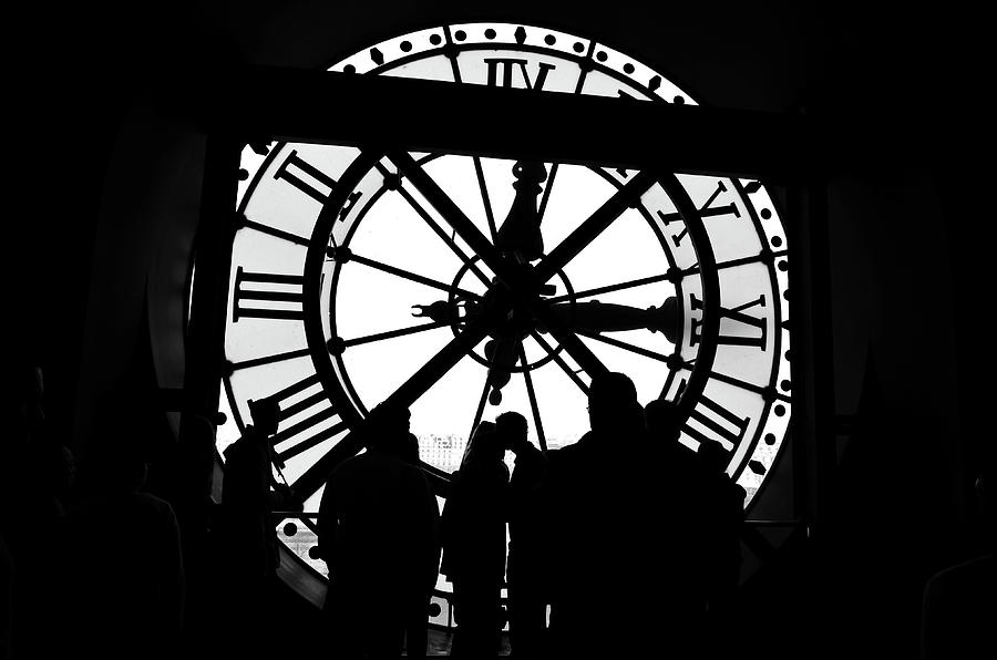 Crowd of People Gathered Behind the Grand Clock Face at Orsay Museum Paris France Black adn White Photograph by Shawn OBrien