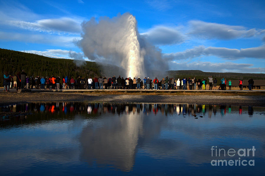 Crowd Reflections At Old Faithful Landscape Photograph by Adam Jewell