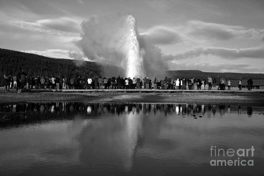 Crowd Reflections At Old Faithful Portrait Black And White Photograph by Adam Jewell
