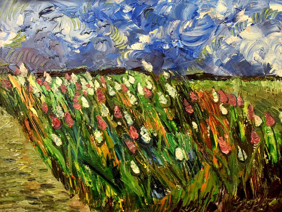 Landscape Painting - Crows Flying Over Tulips by Lord Toph Landscape Painting - Crows Flying Over Tulips by Lord Toph