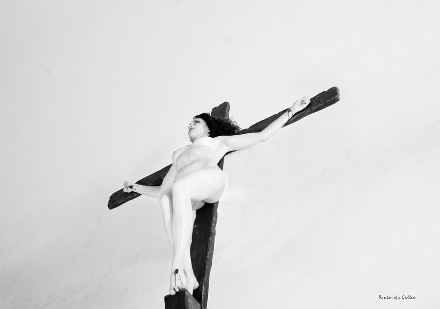 Black And White Photograph - Crucified woman in White by Ramon Martinez