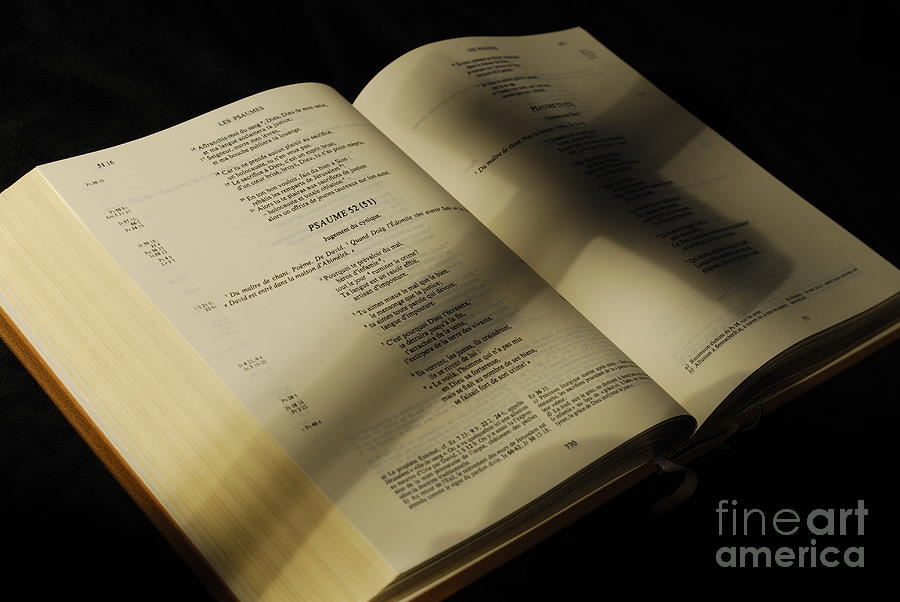 Book Photograph - Crucifix shadow on French Holy Bible by Sami Sarkis