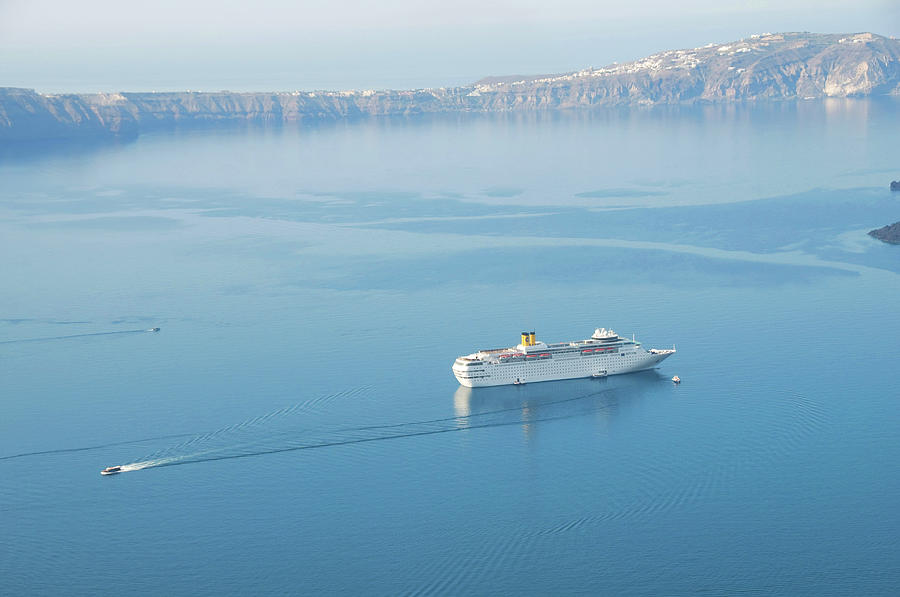 Cruise Liner At The Sea Near Santorini Island, Greece Photograph