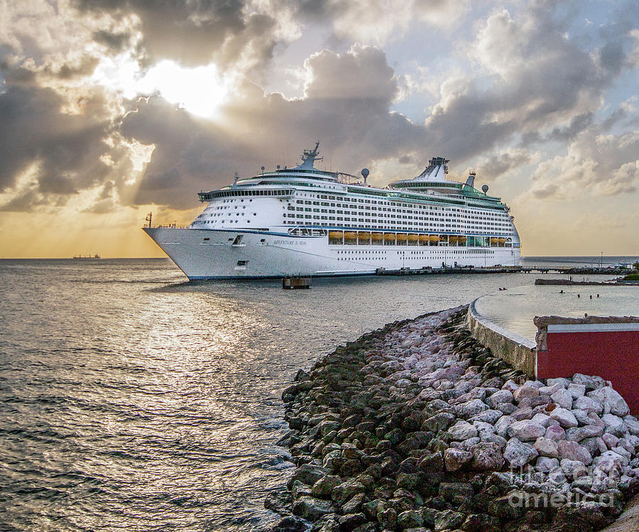 Sunset Photograph - Cruise ship in Curacao by David Lane