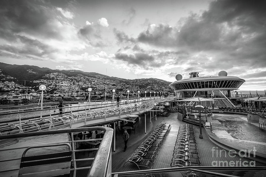 Cruise Ship Sunrise Arrival In Funchal, Portugal, Blk Wht Photograph by Liesl Walsh