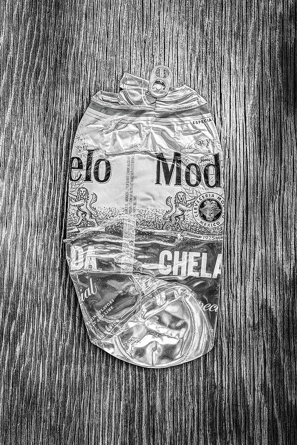 Crushed Beer Can Red Chelada on Plywood 83 in BW Photograph by YoPedro