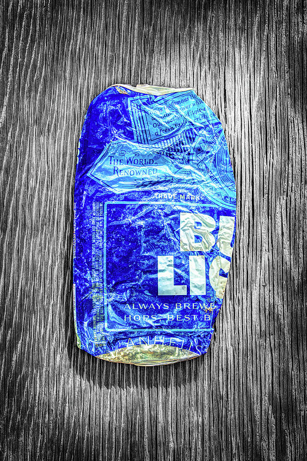Crushed Blue Beer Can on Plywood 78 Color on BW Photograph by YoPedro