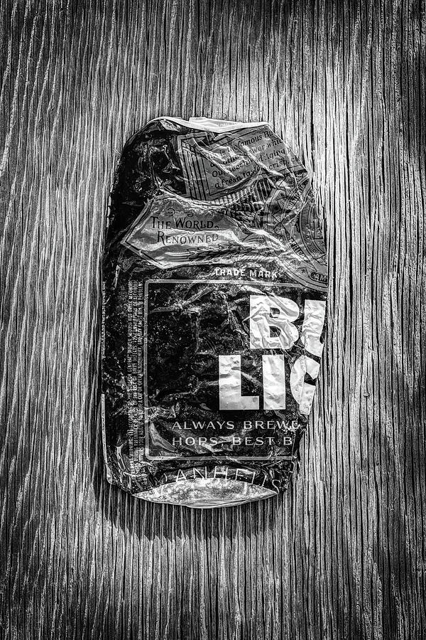 Crushed Blue Beer Can on Plywood 78 in BW Photograph by YoPedro