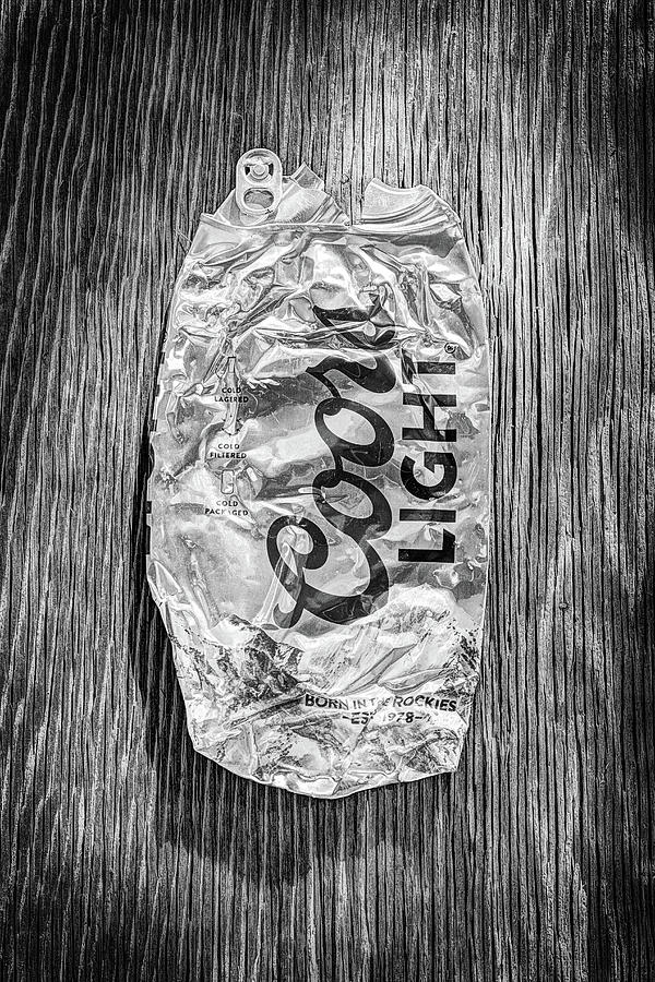 Crushed Light Silver Beer Can on Plywood 79 in BW Photograph by YoPedro