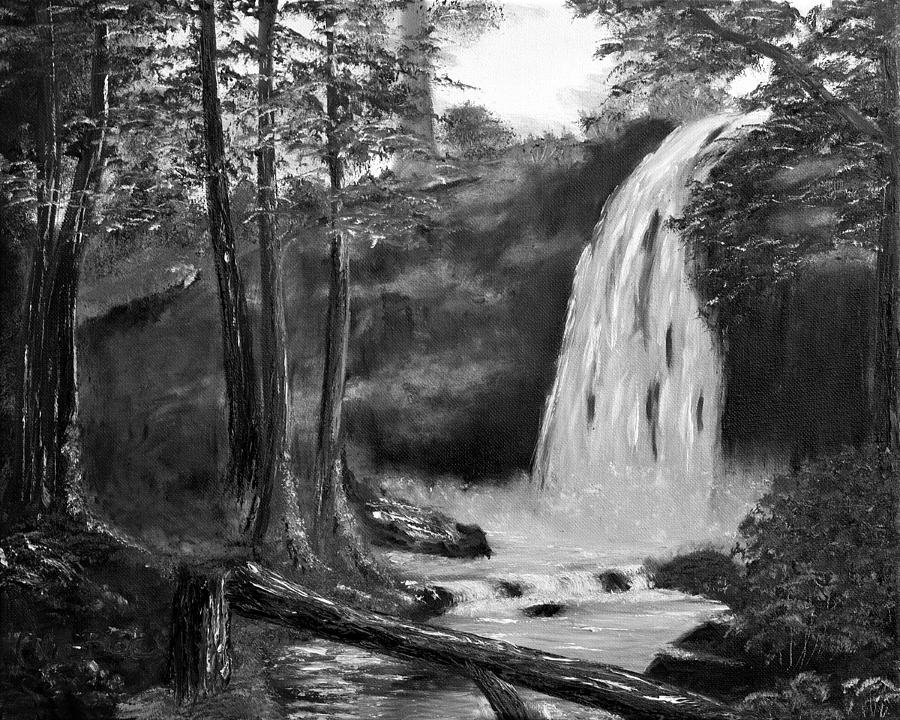 Crystal Falls In The Black Forest In Black And White Painting by Claude Beaulac