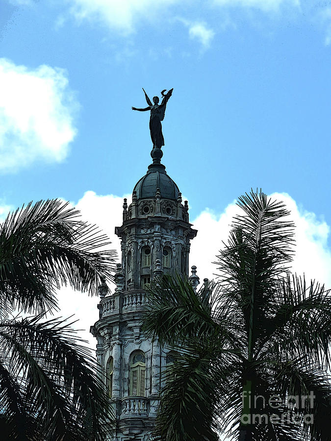 Cuba rooftop w protection statue Digital Art by Francesca Mackenney