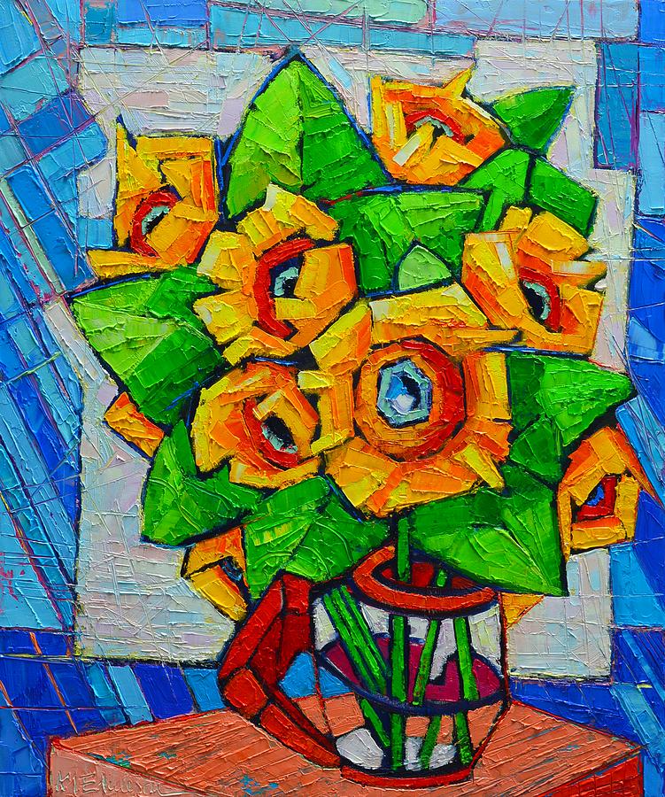 Sunflower Painting - Cubist Sunflowers - Original Oil Painting by Ana Maria Edulescu