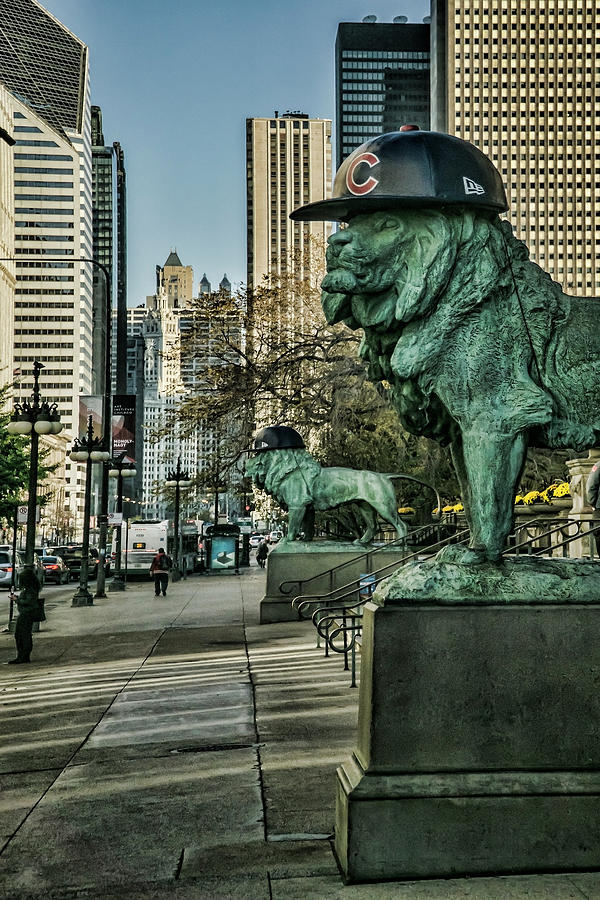 Cubs hats on Art Institute Lions Photograph by Sven Brogren