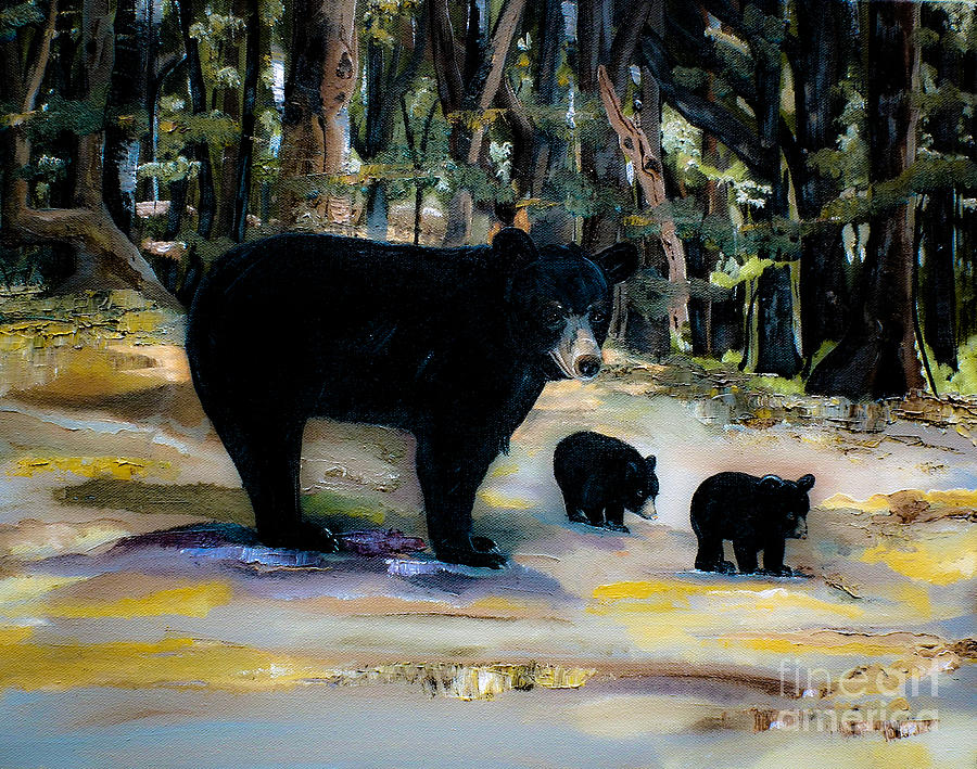 Cubs with Momma Bear - Dreamy version - Black Bears Painting by Jan Dappen