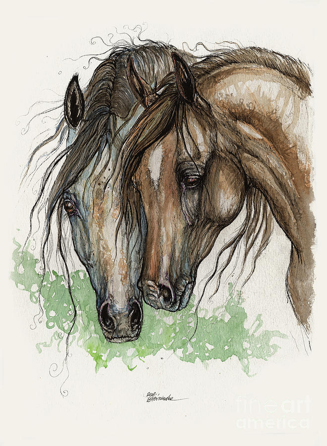 Cuddling horses 2011 Painting by Ang El