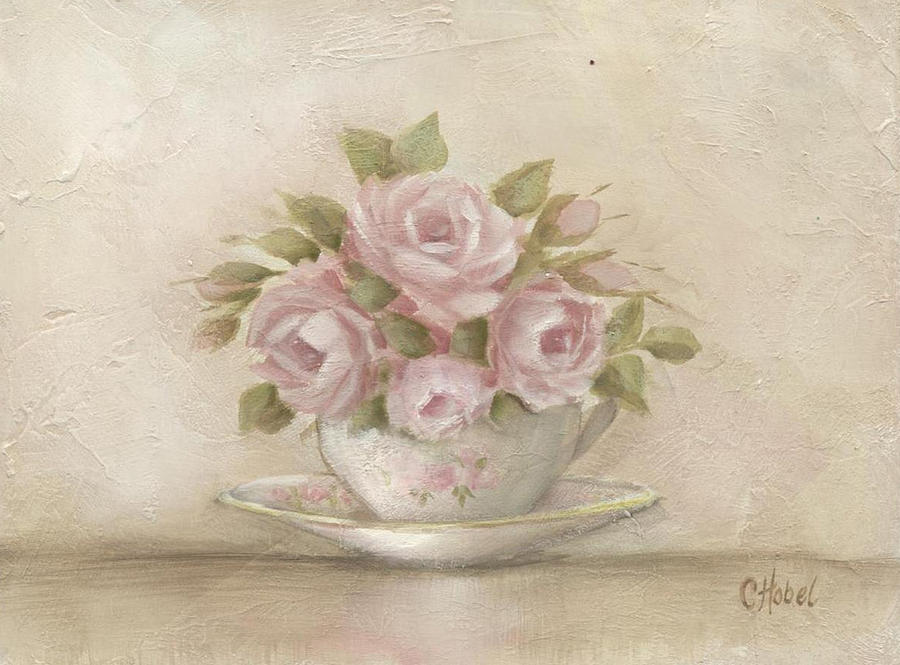 Cup And Saucer  Pink Roses Painting by Chris Hobel