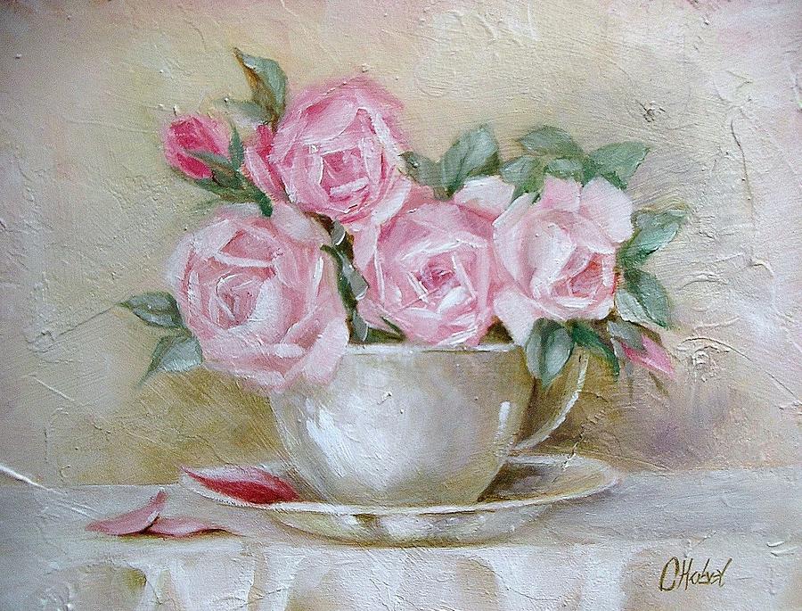 Cup And Saucer Roses Painting by Chris Hobel