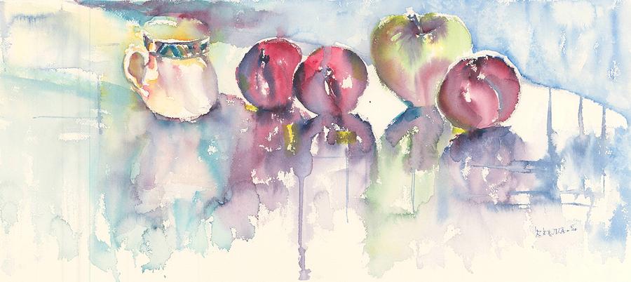 Cup Plums and a Green Apple Painting by Beena Samuel