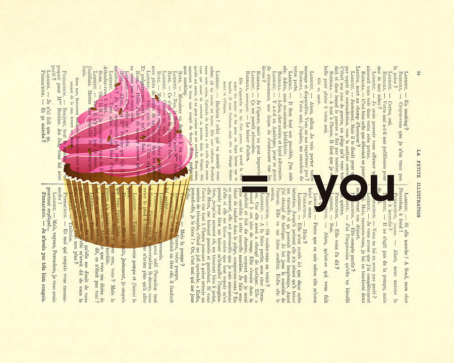 Cake Mixed Media - Pink Cupcake Equals You Print On Dictionary Paper by Madame Memento