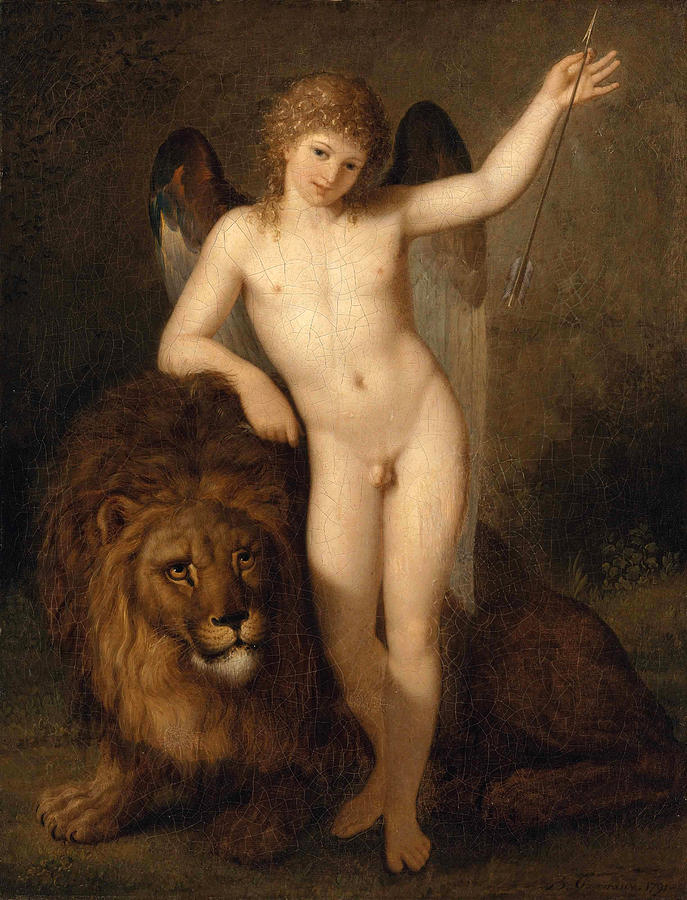 Cupid with a lion Painting by Benigne Gagneraux