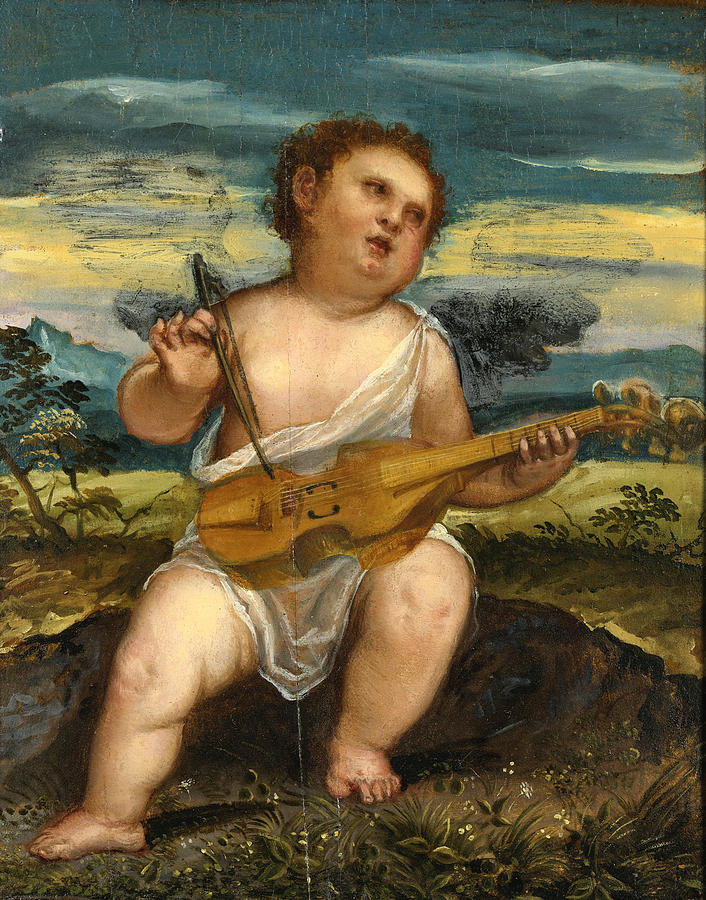 Cupid with a Violin in a Landscape Painting by Bonifazio Veronese