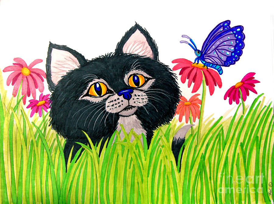Curious Kitten and Butterfly Drawing by Nick Gustafson