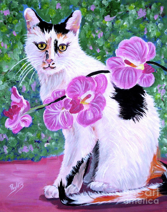 Curious Pico with Orchid Painting by Phyllis Kaltenbach
