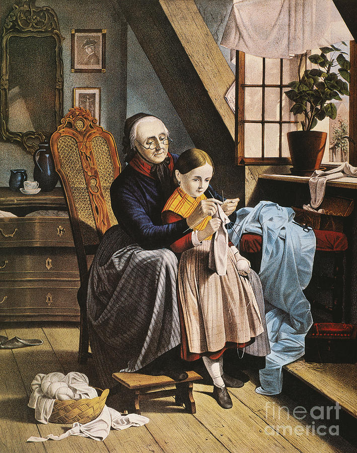 The Knitting Lesson Drawing by Currier and Ives