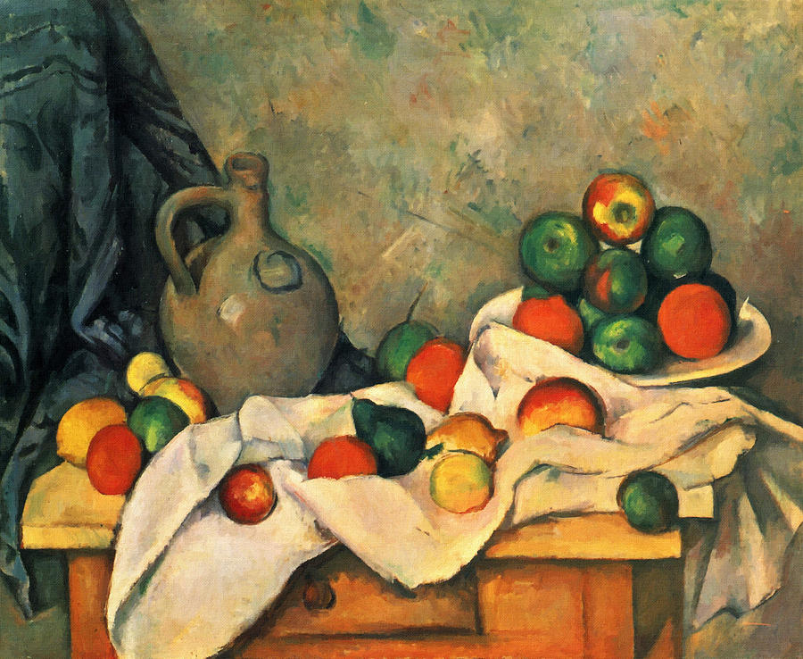 Curtain, Jug And Fruit Painting by Paul Cezanne