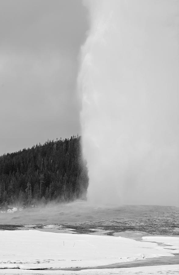 Black and White Winter Eruption of Old Faithful Geyser Photograph by Bruce Gourley