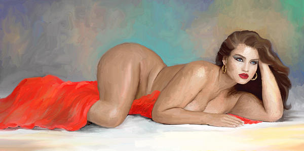Nude Painting - Curves and a red sheet by MJ Alhabeeb