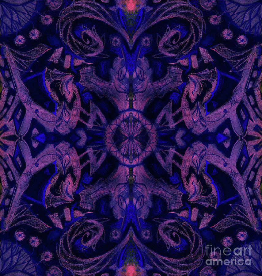 Curves and lotuses, abstract pattern, ultra-violet Mixed Media by Julia Khoroshikh