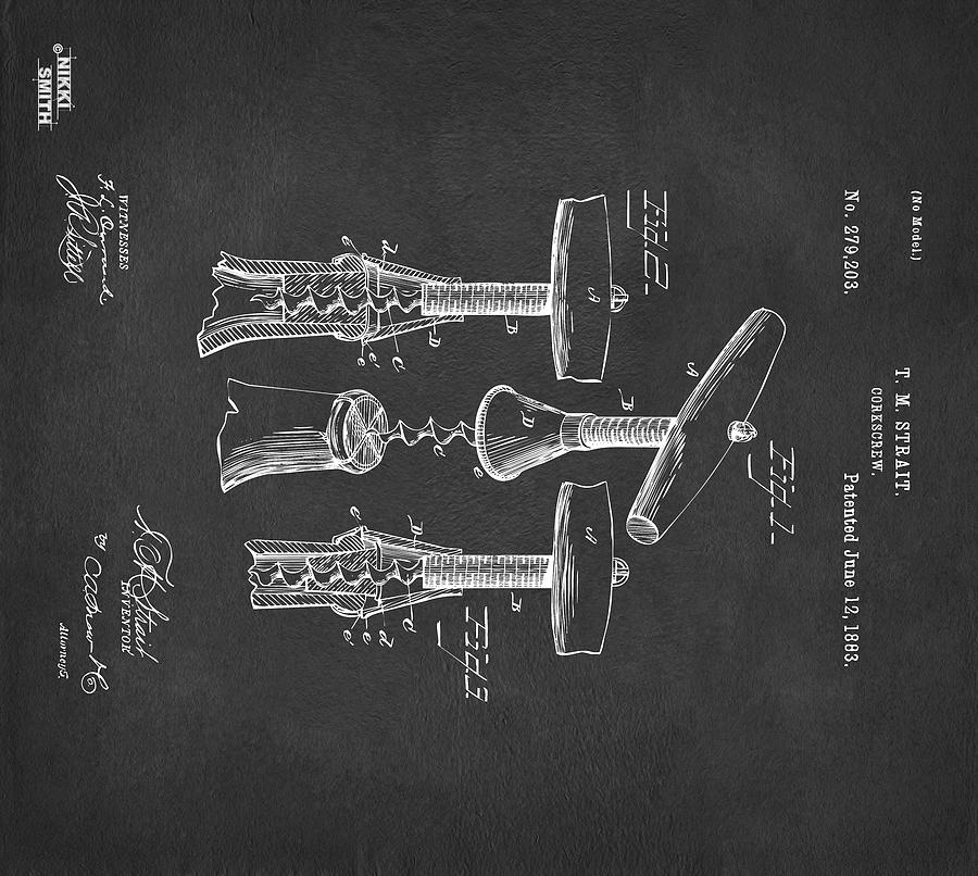 Custom Size 1883 Wine Corckscrew Patent Artwork - Gray 43x48 Digital Art by Nikki Marie Smith