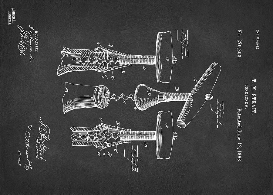Custom Size 1883 Wine Corckscrew Patent Artwork - Gray 43x60 Digital Art by Nikki Marie Smith