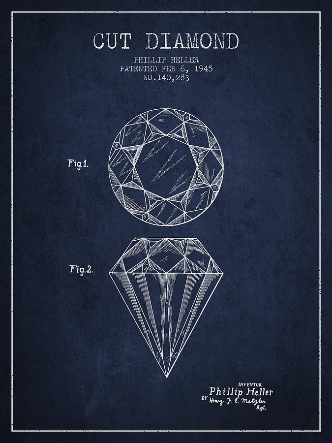 Vintage Drawing - Cut Diamond Patent From 1873 - Navy Blue by Aged Pixel