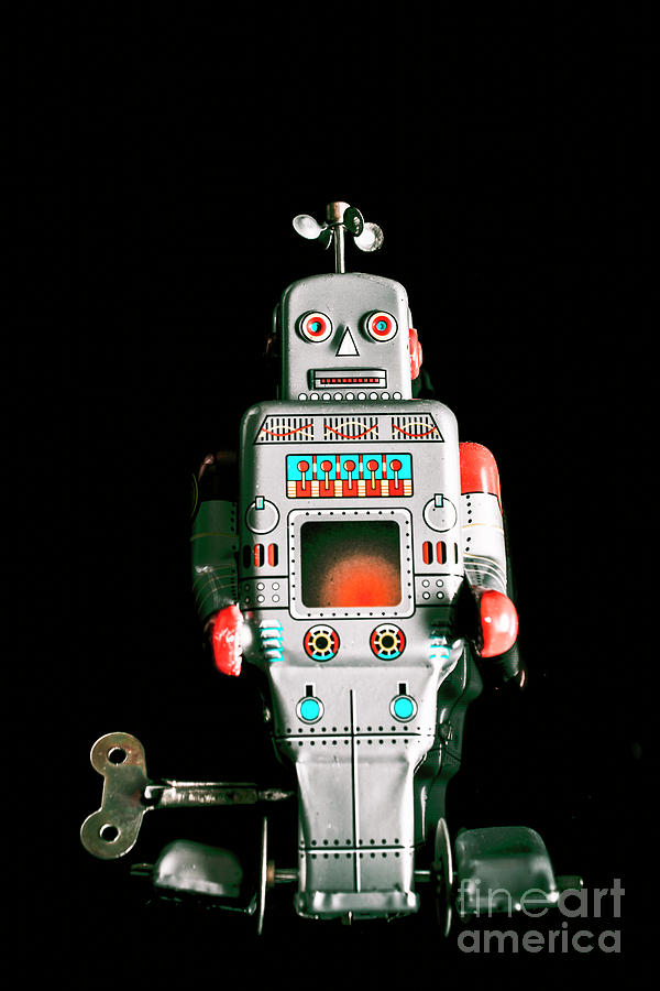 Cute 1970s Robot On Black Background Photograph