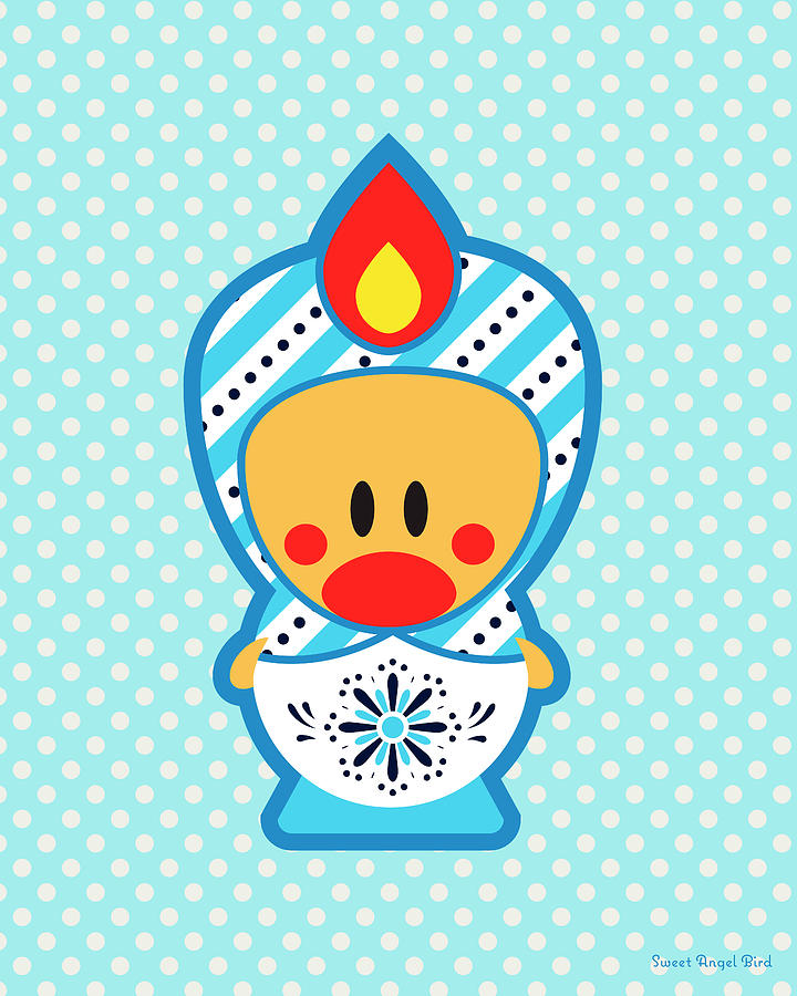 Bird Digital Art - Cute Art - Blue Polka Dot Folk Art Sweet Angel Bird In A Matryoshka Costume Wall Art Print by Olga Davydova Bird Digital Art - Cute Art - Blue Polka Dot Folk Art Sweet Angel Bird In A Matryoshka Costume Wall Art Print by Olga Davydova