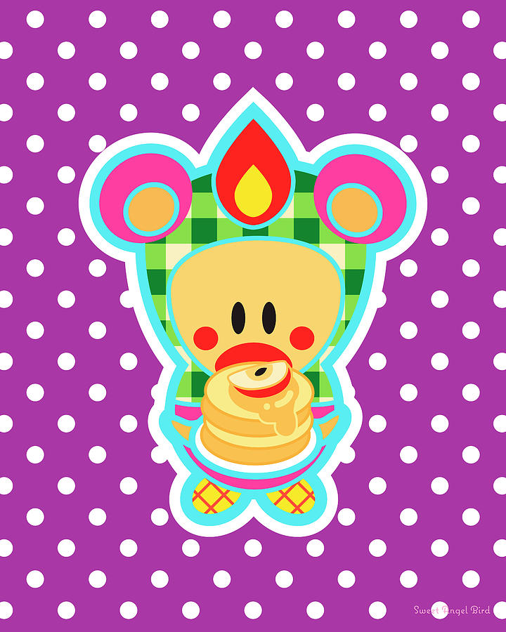 Woodland Digital Art - Cute Art - Sweet Angel Bird in a Bear Costume Holding a Stack of Apple Pancakes Purple Polka Dot Wall Art Print by Olga Davydova Woodland Digital Art - Cute Art - Sweet Angel Bird in a Bear Costume Holding a Stack of Apple Pancakes Purple Polka Dot Wall Art Print by Olga Davydova