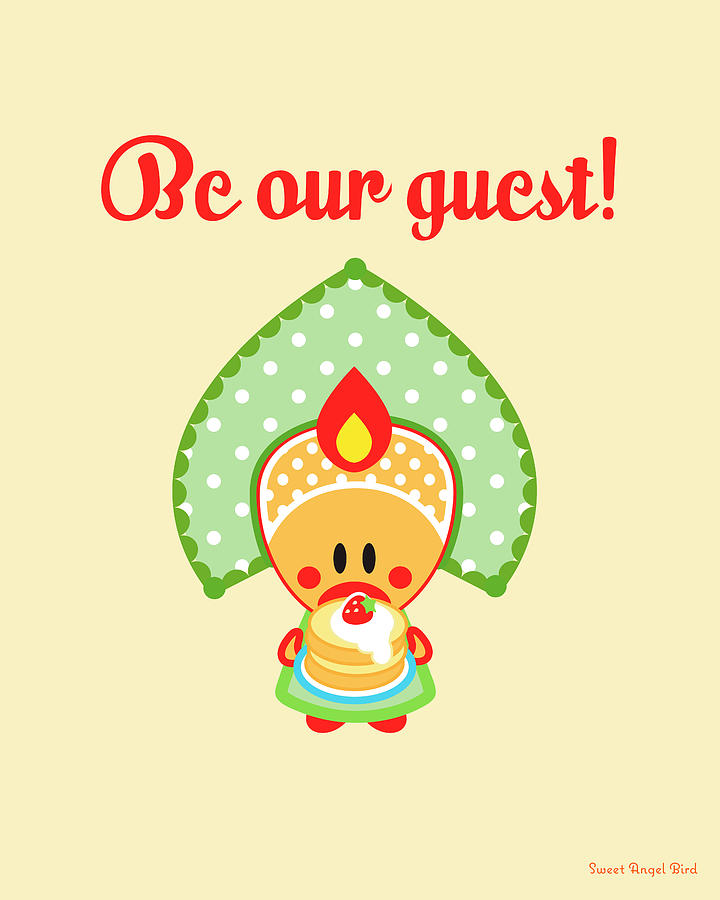 Woodland Digital Art - Cute Art - Sweet Angel Bird in a Folk Headdress Holding a Stack of Pancakes Be Our Guest Wall Art by Olga Davydova Woodland Digital Art - Cute Art - Sweet Angel Bird in a Folk Headdress Holding a Stack of Pancakes Be Our Guest Wall Art by Olga Davydova