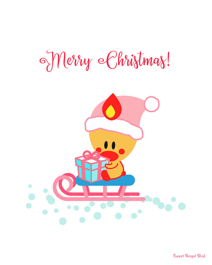 Cute Art - Sweet Angel Bird Sitting On A Sled Christmas Art by Olga Davydova Cute Art - Sweet Angel Bird Sitting On A Sled Christmas Art by Olga Davydova