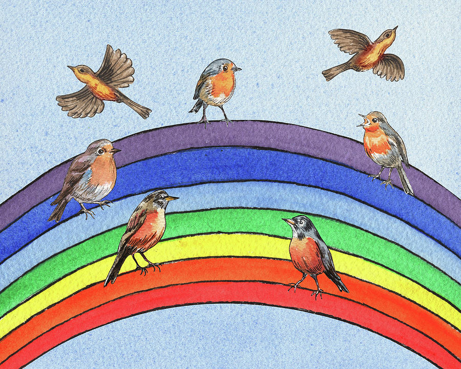 Cute Birds On The Rainbow Painting by Irina Sztukowski