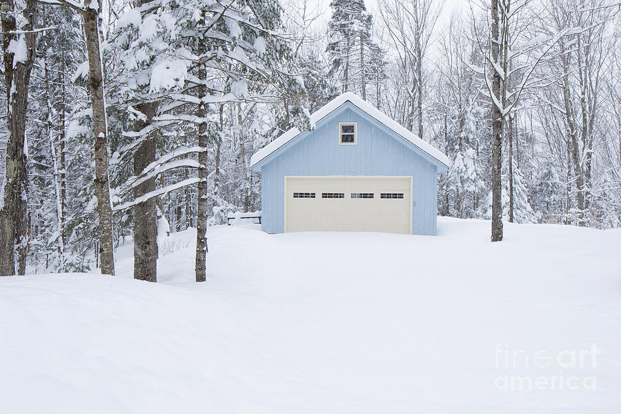 Cute Blue and Ivory Garage in the Snow Photograph by Edward Fielding