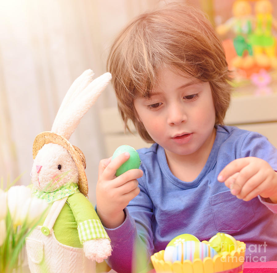 Easter Photograph - Cute boy enjoy Easter holiday by Anna Om