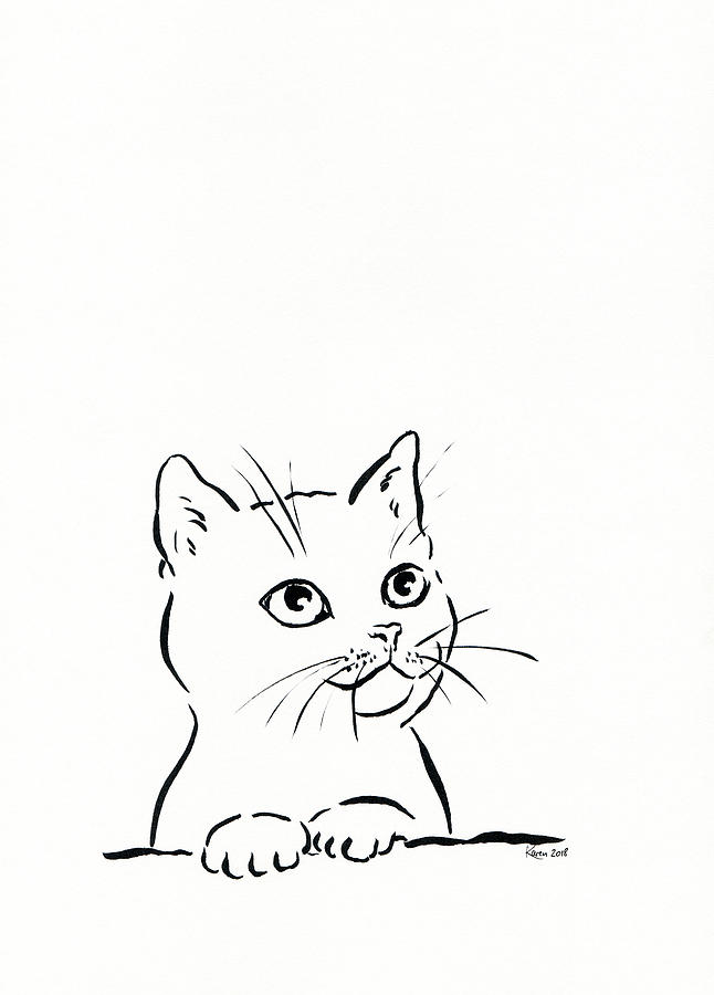 Cute cat pen and ink drawing Drawing by Karen Kaspar